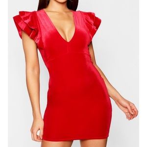 Boohoo Red Velvet Plunge Ruffle Mini Bodycon Dress